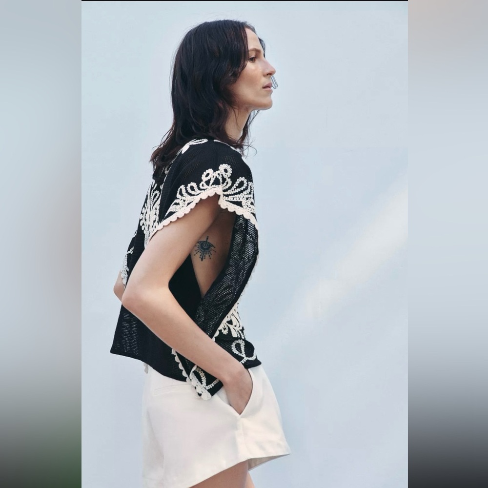New ZARA ZW Collection Contrast Crochet Top - Picture 6 of 10